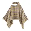 Nuevo Traje de Falda Casual para Mujer Otoño Europeo y Americano, Top tipo Capa con Bufanda Cuadros, Cuello Redondo y Mangas Amplias