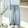 Conjunto de Dos Piezas Otoñal Estilo Universitario para Estudiantes de Secundaria: Sudadera con Cuello Marino, Lazo y Pantalones de Mezclilla de Pierna Ancha