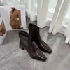 2026 Nuevas Botas Cortas de Punta Cuadrada para Mujer Primavera y Otoño, Botines de Tacón Grueso de Piel Genuina de Tacón Medio, Zapatos de Cuero con Forro de Felpa para Mujer Otoño e Invierno de Tacón Alto