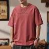 Camiseta Roja de Manga Corta de Algodón Pesado para Hombre, Estilo Verano 2025, Camiseta Trendy con Bordado de Marca, Camisa Versátil de Corte Holgado
