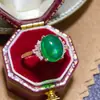 Anel de Opala Verde Natural, Retrô Elegante, Anel Aberto Totalmente Diamantado para Mulheres, Fabricante de Joias Anel com Rosto de Ovo Oval