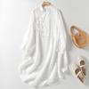 Foto real en stock ropa de té suelta de algodón y lino blanco para mujer estilo retro chino camisa vestido de algodón y lino artístico para mujer