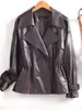 Jaqueta de Couro Haining para Mulheres, Comprimento Médio, Preta, Gola Alta, Cintura com Amarração, Jaqueta de Couro, Novo Estilo Outono e Inverno, Elegante Casaco de Couro