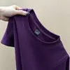 Camiseta de Algodón Puro de Marca de Moda Morado Uva de Manga Corta Ajustada para Mujer, Top de Moda Adelgazante para Verano, Paquete de 40