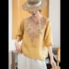 Camisa Bordada de Ramio para Mujer Verano 2026 Nuevo Cuello Tijera Jersey Holgado Adelgazante Manga Corta Superior