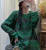 Suéter de malha de algodão com estampa artística vintage solto plus size para mulheres, suéter casual estiloso e moderno estilo coreano, top de outono