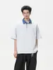 Roupas Masculinas Acu Estilo Americano Gola Lapela Manga Curta para Meninos Verão 2026 Camisa Polo com Gola em Jeans Contrastante, Solta, Casual e Versátil