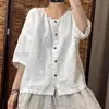 # 501 camisa feminina de algodão e linho, gola redonda, cor sólida, casual, versátil, corte solto, modeladora, novo estilo, respirável, camisa de manga média