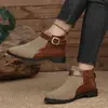 Botines Cortos de Bloques de Color Retro Europeos y Americanos para Mujer con Hebilla Tejido Patchwork Botas Chelsea Botas para Mujer de Comercio Exterior Suministro Transfronterizo