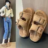 Sapatos de Pelo Fosco Novos Outono e Inverno 2024 Sapatos Femininos com Solado Grosso Birkenneth Calçados para Uso Externo Pantufas de Algodão Quentes com Forro de Lã
