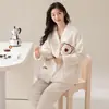 Pijama de Mujer Otoño e Invierno Terciopelo de Coral Engrosado Kimono de Manga Larga Dulce Holgado Cálido de Terciopelo Conjunto Casual para Casa