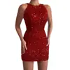 Vestido de Lentejuelas Cubre Caderas Sexy con Cuello Halter de Nueva Moda Transfronteriza Europea y Americana 2025 Vestido de Noche de Cintura Media