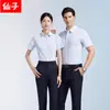 Camisa formal profesional unisex antiarrugas para negocios, camisa de manga corta a rayas de fibra de bambú, ropa de trabajo con logo bordado