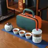 Bolsa de Couro com Tela Bicolor de Toque Vintage, Conjunto Completo de Chá para Viagem, Conjunto de Cerâmica Portátil para Exterior, Lembrança
