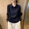 Camisa listrada de manga comprida estilo francês com gola de lapela para mulheres, nova moda outono, modeladora, com botões e cordão, top versátil e estiloso