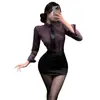 Man Yan Lencería Sexy Puro Deseo Maestra OL Secreto Sexy Malla Morada Transparente Conjunto Secretaria Tentación 102015