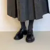 Mocassins vintage super macios de couro bovino com salto grosso para mulheres, sapatos de salto alto sem cadarço com bico redondo, sapatos casuais de couro genuíno sem cadarço