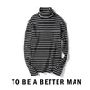 Camiseta de rayas para hombre primavera y otoño ropa interior popular suéter de cuello alto talla grande holgado versátil diario manga larga camisa básica negra y blanca