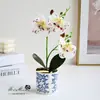 Flor Artificial 6 Flores 2 Orquídeas Phalaenopsis Realistas Bonsai Flor Falsa Planta em Vaso Decoração de Interior Vaso Verde Venda por Atacado