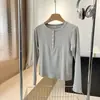 Nova Camiseta Feminina Canelada com Gola Henley de Manga Longa, Camisa Básica Slim Fit de Botão Único Outono 2026 479591