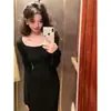 Vestido Suéter de Punto Ol Cuadrado Maduro Retro Suave Coreano para Mujer, Vestido Largo Base de Primavera Ceñido a la Cintura