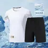 Traje Casual de Tacto Frío para Hombre Verano Transpirable Secado Rápido Elástico Manga Corta Shorts Traje de Ropa Deportiva de Cuello Redondo para Hombre Moderno
