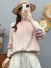 Camisa de gaze de algodão de camada dupla com gola alta e mangas compridas para mulheres, design artístico vintage com linhas plissadas, macia e agradável à pele, top de corte solto