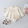 Roupa Infantil Estilo Coreano Primavera e Outono Peça Única Renda Manga Longa Novo Gola Redonda Vestido Romper Estiloso Versátil Roupa para Exterior