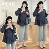 Camisa de Maternidad Nueva Primavera 2026 Cuadros Retro Azul Marino Irregular Suelta Estilo Babydoll Top de Maternidad