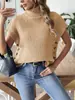 [Em Estoque] Suéter Pulôver Feminino Primavera e Outono Novo Estilo Colete com Decoração de Botão Transfronteiriço Europeu e Americano Colete Pulôver de Gola Alta