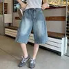 Foto Real de Pantalones Cortos de Mezclilla de Longitud Media, Shorts Casuales de Pierna Ancha Estilo Retro Americano, Shorts Rectos Sueltos Unisex de Verano, Algodón para Mujer