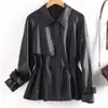 Jaqueta de Couro Haining para Mulheres, Comprimento Médio, Preta, Gola Alta, Cintura com Amarração, Jaqueta de Couro, Novo Estilo Outono e Inverno, Elegante Casaco de Couro