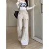 Calça jeans de trabalho estilo americano com barra flare para mulheres, tamanho petite, design de cintura alta, fecho de zíper, caimento solto, efeito emagrecedor, calça casual de perna larga
