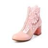 Sapatos de malha de primavera com flores bordadas, couro, bico redondo, salto alto, sandálias de malha grossa, renda, couro de vaca, tamanho pequeno, sapatos femininos