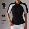 Top Corto Deportivo Transpirable para Mujer, Malla Patchwork Blanco y Negro de Nuevo Estilo, Media Cremallera, Cuello Alto, Manga Corta, Transfronterizo