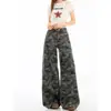 Calça jeans de trabalho camuflada estilo retrô americano para mulheres plus size, nova para primavera/outono, perna reta, modelagem solta, fluida, comprimento até o chão