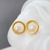 Nafoge Joyería de Plata al por Mayor con Perla Natural Pendientes de Oro Antiguo Moda Coreana Redondos Pendientes de Plata de Ley 925