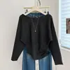 Blusa de tricô feminina plus size, novo design de outono, ombro assimétrico, manga longa, acinturada, modeladora, estilo simples, peça básica