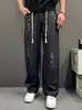 Jeans de Diseño Exclusivo con Estampado de Salpicaduras y Cordón en la Cintura, Rayas Grises, Pantalones Casuales Holgados Rectos de Calle Alta Americana para Primavera y Otoño