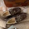 2026 Novos Mocassins Femininos de Couro Envelhecido Vintage com Forro de Lã, Bico Redondo, Sapatos Baixos Versáteis de Couro Genuíno