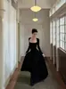 Vestido Cuadrado de Manga Larga con Patchwork Estilo Puro Deseo para Mujer, Otoño Cintura Alta Acampanado Adelgazante Elegante Línea A Largo
