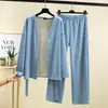 Conjunto de Dos Piezas de Camisón De-Velvet Forrado de Polar Engrosado Cálido Moda Cardigan Corto para Mujer Pijama Bata Pantalones Casuales Ropa de Casa
