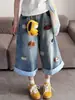 Pantalones de Mezclilla Bordados Patchwork Retro de Dibujos Animados Americanos de Moda para Mujer, Verano, Corte Holgado, Pantalones Acortados de Pierna Ancha Adelgazantes