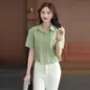 Camisa de Verano Estilo Chino Holgada Color Sólido Versátil Camisa Elegante Manga Media Cubre Vientre Top Abotonado Camisa de Mujer