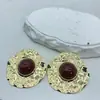 Pendientes de Alta Gama He Ming Estilo Barroco Retro Patrón Geométrico Incrustado con Ojo de Gato Redondo Plisado Aguja de Plata S925 para Mujer