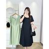 Vestido de Verão Feminino Plus Size 2025 Novo Irmã Cheinha Simples Fresco Gola Quadrada Xadrez Pequeno Manga Curta 7235