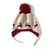 Gorro de cachemira de punto para mujer, gorro de cachemira color cervatillo jacquard, cálido para invierno, para niños y niñas, gorro de lana con aguja, bola de pelo y cordón ajustable.