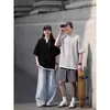 Camiseta de Manga Curta Pesada Falsa Duas Peças com Textura Waffle para Homens e Mulheres Verão Decote V Solta Simples Manga Meia-Manga Gola Henry Top