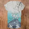 Camiseta Feminina Personalizada com Decote V e Manga Curta com Estampa de Onda Retro e Garça, Manga Curta com Estampa Digital 3D para Mulheres