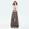Pantalones Casuales de Pierna Ancha con Retazos de Encaje de Bloques de Color Estilo Coreano para Mujer, Nuevos de Primavera/Verano Versátiles con Cordón de Cintura Alta, Ajuste Holgado, Pantalones Curvos